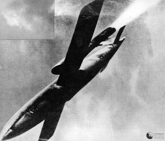 V-1 (Fieseler Fi 103) flying bomb in flight.